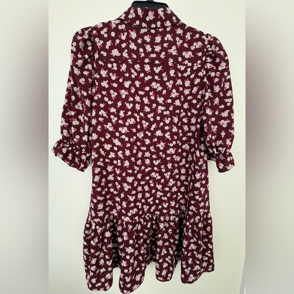 Kate Spade NY Floral Puff Sleeve Drop Waist Mini Dress Burgundy Pink M - Picture 3 of 3